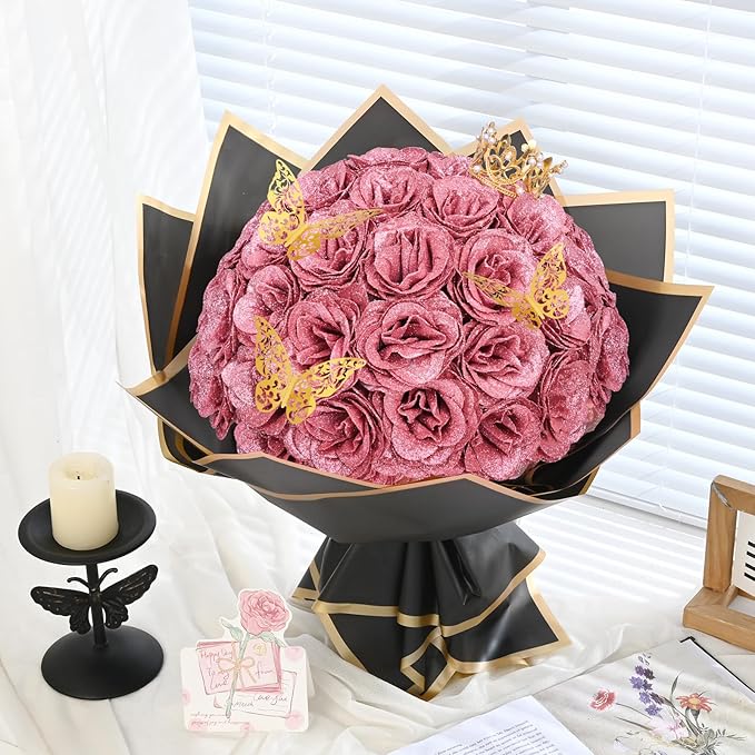 Waipfaru Glitter Roses Bouquet, DIY Fake Flowers Bouquet, Birthday Gifts for Women Mom, 24 Pcs Rose Gold Rose for Wife Girlfriend Valentines, Mothers Day, Anniversary, Graduation