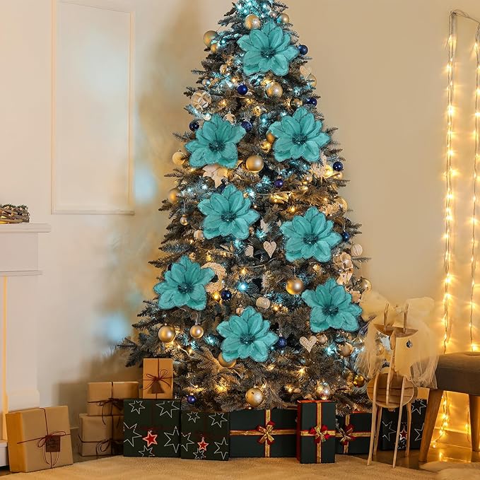 8 Pcs Large Christmas Flower Magnolia Flowers Christmas Tree Decoration Artificial Poinsettia Stems Velvet Xmas Ornaments for Xmas Tree Table Decor(Light Blue,12 Inch)