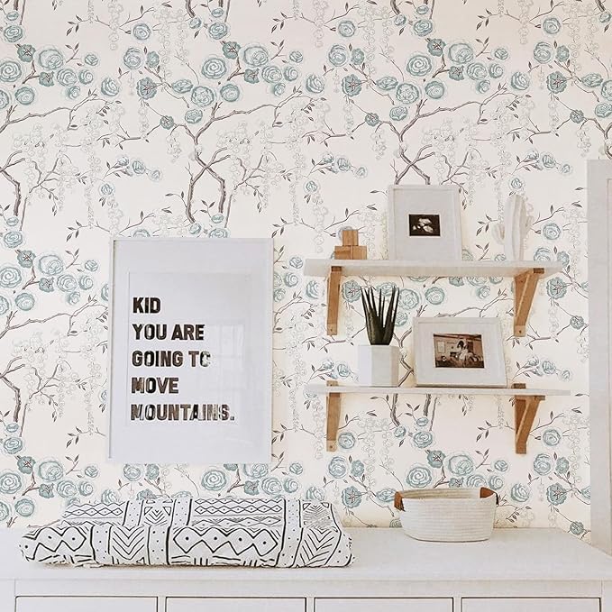 Orainege Blue Peony Floral Wallpaper Peel and Stick Wallpaper Floral Contact Paper Self Adhesive Removable Wall Paper for Bedroom Bathroom Decorative 17.7"x118.1"