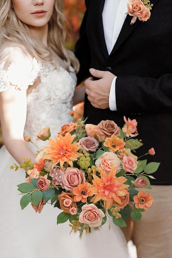 Orange Artificial Flowers Box Set for DIY Bridal Bouquets Wedding Shower Decorations Fake Floral Arrangements for Party Table Centerpieces Home Decor Indoor Outdoor