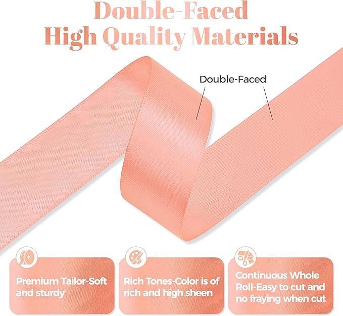 Peach Satin Ribbon, Double Faced 1 Inch X 50 Yards Peach Ribbon, Premium Satin Ribbons for Gift Wrapping, Crafts, Hair Bow Making, Sewing, Flower Bouquet, Wedding Party Decor