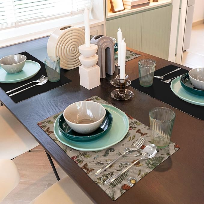Mushroom Placemats Set of 4,Vintage Gothic Mushroom Fern Kitchen Place Mats Linen 12x18 Inch,Brown 4 PCS, Style-6