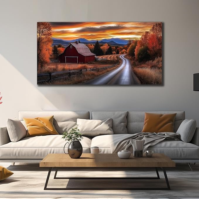 JuhaiArt Large Natural Wall Art Landscape Canvas Decor Fall Canvas Picture for Living Room Bedroom Red Barn Farmhouse Artwork 29" x 59"