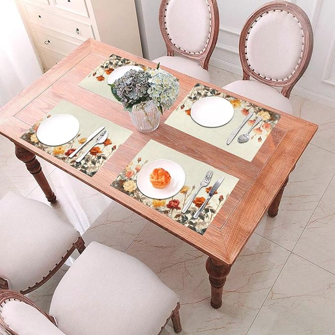 Placemats Set of 4 PVC Woven Place Mats Heat Resistant Easy to Clean for Indoor Outdoor Party Kitchen Dining Table Decoration 12"x18",Vintage Rose Pattern