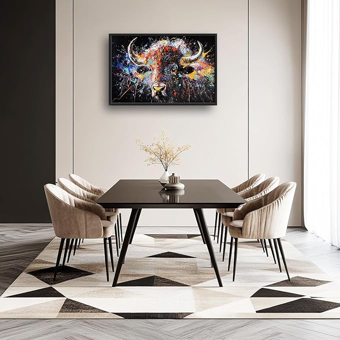 Large Graffiti Highland Cow Wall Art for Living Room, Framed Oversized Bison Buffalo Wall Decor Banksy Canvas Painting Animal Pictures Modern Artwork for Living Room Bedroom Office 36"x24"