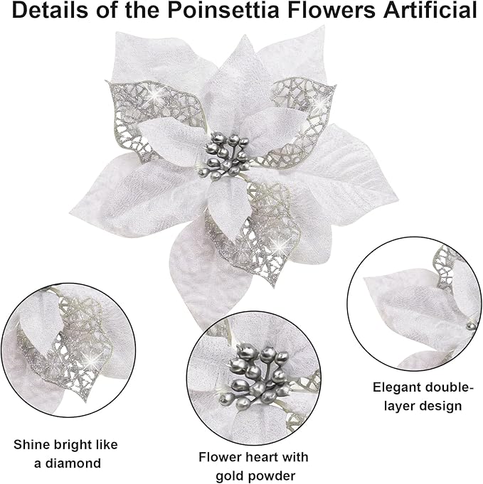 24 Pcs Christmas Poinsettia Flowers Artificial with Clips, 5.9" Christmas Decor Glitter Poinsettia Flowers for Christmas Tree New Year Wedding Party Wreath DIY Garland Decor (Sliver)