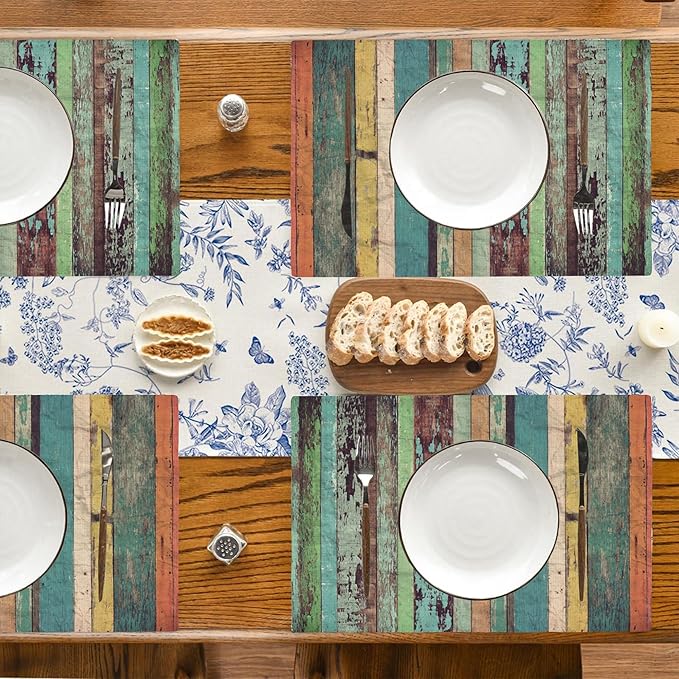 Vintage Colorful Wooden Placemats Set of 4, Placemats Dining Table Mat Set,12x18 Washable Stain Resistant Wipeable Cloth Placemat for Kitchen Buffet Parties