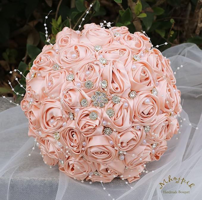 Bridal Wedding Bouquet Round Bling Brooch Bouquet Throw Toss Artificial Rose Flower Bunch for Bride Bridesmaid Wedding Quinceanera(Peach Pink, 6.3")