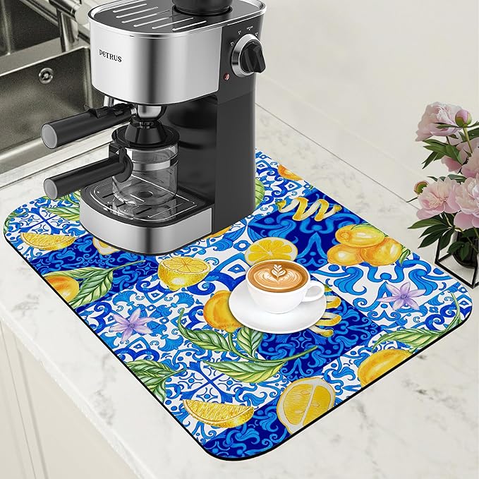 Lemon and Blue Tile Dish Drying Mat for Kitchen Counter Coffee Bar Mat Hide Stain Absorbent Rubber Backed Drying Rack Pad Espresso Machine Coffee Bar Accessories 11.8 x 19.7 Inch
