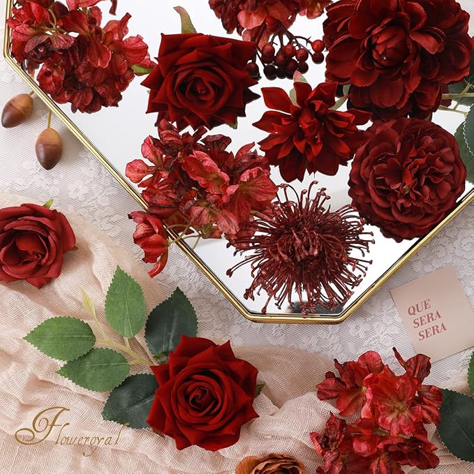 Floweroyal Artificial Flowers Combo Burgundy Flowers Mix Silk Flowers Dahlia Roses with Stems for DIY Wedding Bridal Bouquets, Baby Shower, Floral Arrangement, Table Centerpieces, Home Decorations.