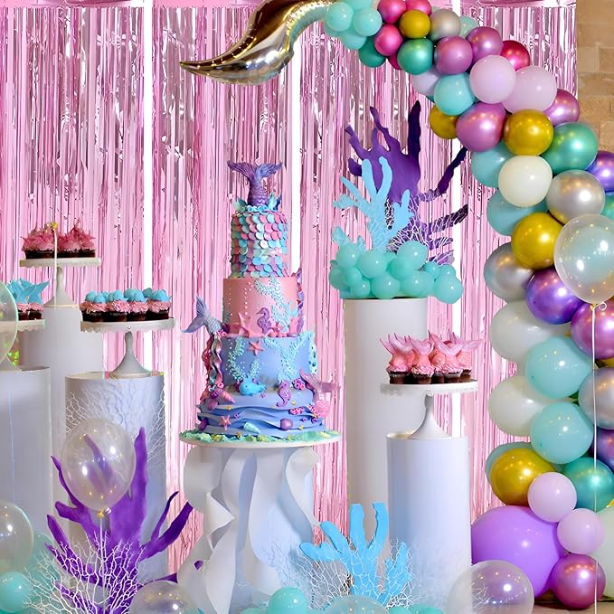 Keyali 4 Pack 3.3 * 8.3 ft Foil Curtain Metallic Tinsel Fringe Curtains Photo Booth Props Backdrop for Birthday Wedding Engagement Baby Shower Christmas Holiday Celebration Partyl,Pink