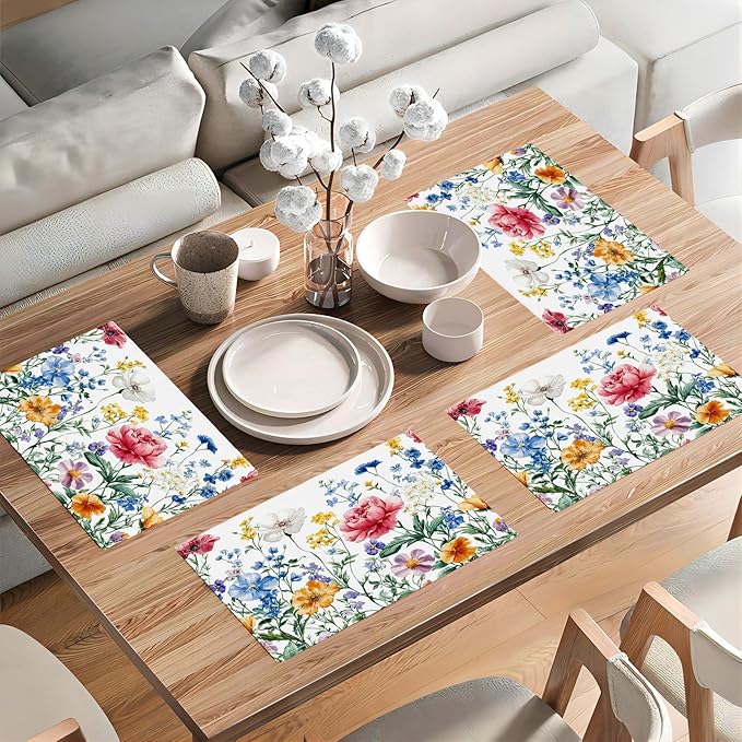 Poppy Floral Placemats Set of 4, Watercolor Wildflower Place Mats, Leaves Spring Dining Table Mats, Washable Flower Placemats for Kitchen Dining Room Home Decor 18L'' × 12W''