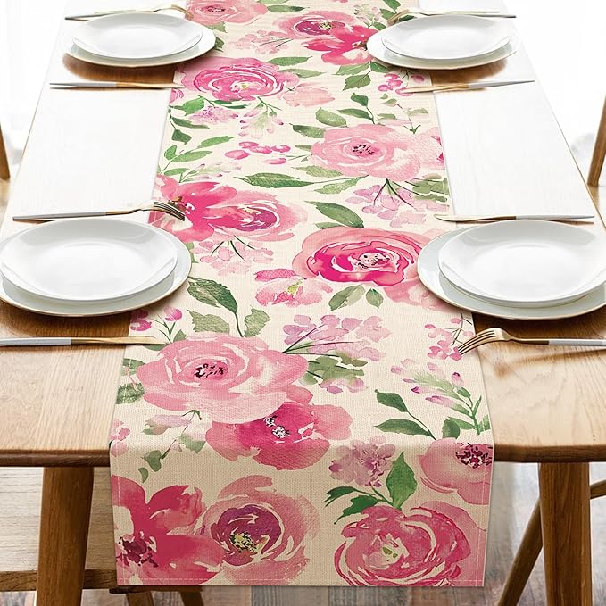 Seliem Spring Summer Watercolor Flower Table Runner, Pink Peony Floral Kitchen Dining Table Decor, Seasonal Burlap Home Decoration Indoor Outdoor Party Supply 13 x 108 Inches