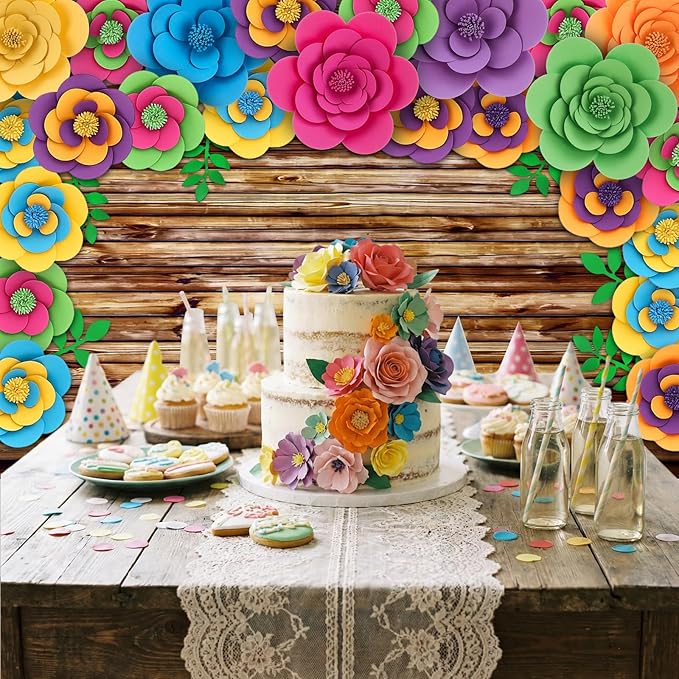 Frienda 36 Pcs DIY Paper Flower Decor Set with 83x59 Inch Custom Background Cloth and Rope, Artificial 3D Flower Wall Decor for Wall Bulletin Board Wedding Halloween Mexican Festive Party(Wooden)