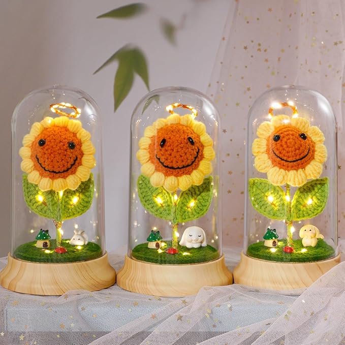 Levvohd Crochet Sunflower Gifts for Women, Artificial Sun Flower Birthday Gifts for Grandma, in Plastic Dome Sunflower, for Her Mom Mothers Day Christmas Day Gifts (B - 4.3 in X 7.5 in)