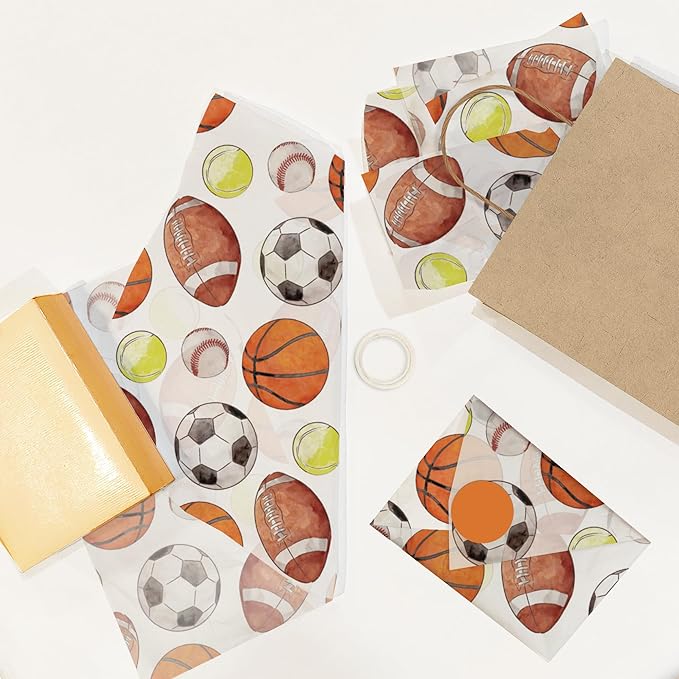 Sports Balls Printed Tissue Paper for Gift Bags or Boxes and Wrapping - Soccer, Basketball, Baseball - Bulk Decorative Art Tissue Paper for Packaging and Gifting | 24 Sheets 20" x 30"