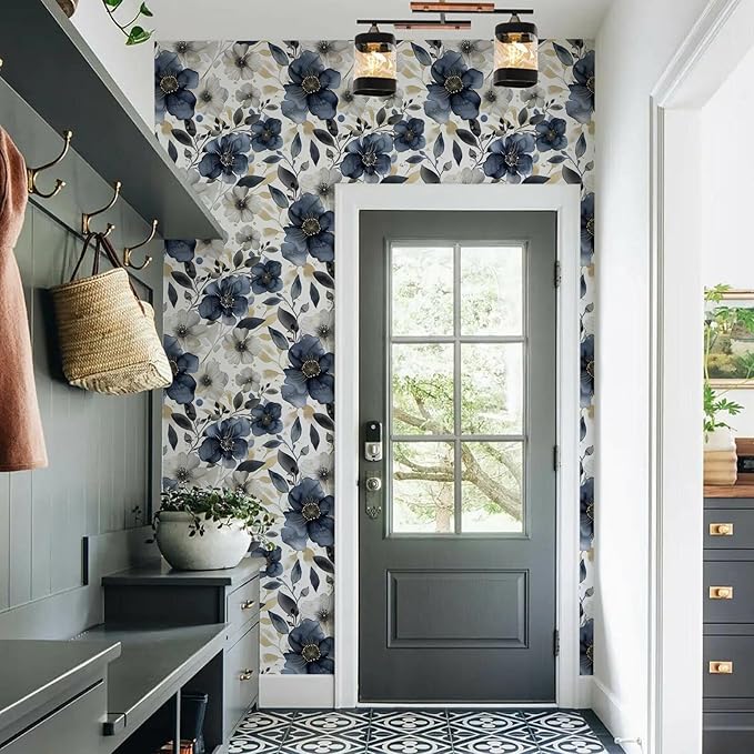 Floral Peel and Stick Wallpaper - Vintage Dark Blue/Gray Flower Removable Boho Wallpaper for Bedroom Bathroom - Renter Friendly Contact Paper - 17.71'x118.1'