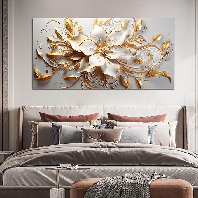 Flower Canvas Wall Art for Bedroom White and Gold Wall Decor for Living Room Wall Art for Dining Room Large Size 29" x 58"