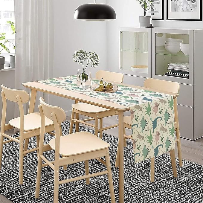 Cartoon Dinosaur Table Runner,Kids Boys Cute Colorful Animal Dino Abstract Print Tablecloth Burlap for Hotel Indoors Outdoor Dining Room Kitchen Holiday Party, 13x90in