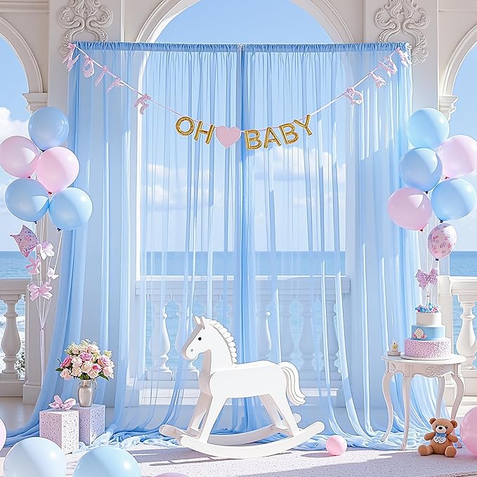 Baby Blue Sheer Backdrop Curtains for Baby Shower Boys Birthday Party Wedding 2 Panels 5 ft X 10 ft Baby Blue Tulle Backdrop Curtains for Party Photoshoot Background Decorations