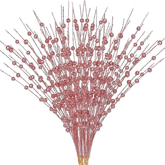 Artificial Glitter Berry Stem Decorations, Fake Bead Sticks Pick 17 Inch Stems for Halloween Christmas Ornaments Glittery Twigs Xmas Tree Wreath Vase Filler Home Decor - Champagne Pink 10 Pack