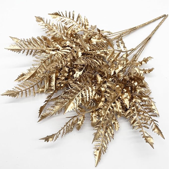 PASYOU Artificial Plants, Golden Fake Flowers Decoration for Christmas Plastic Boston Grass Faux DIY Crafts Indoor Outdoor Home Décor Garden Party Room Bedroom Wedding Table Centerpiece, Gold 2 Pack