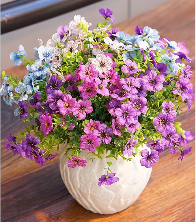 Artificial Flowers for Outdoor Indoor Garden Home Decoration, Faux Flower Daisy with Eucalyptus Leaves Fake Plants Greenery Boxwood Porch Patio, 10 Bundles (Purple-Blue)