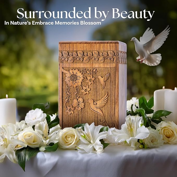 INTAJ Handcarved Rosewood Hummingbird Urn for Human Ashes Adult Male Female - Floral Carving 250 lbs Capacity - Wooden Cremation Urn Box Suitable for Burial Funeral Decorative Memorial Casket