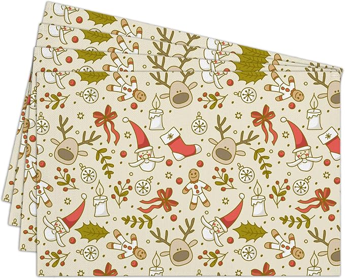 Santa Claus Elk Christmas Placemats Set of 4, Dining Mat Cotton Linen Waterproof Table Mats Decor Fabric for Christmas Holiday Kitchen Dinner Table, Washable Wipeable Placemat -N040