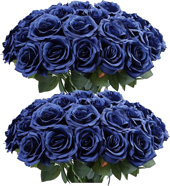 Artificial Rose Flower Navy Blue Flowers Navy Blue Roses Silk Flowers 50 pcs with Long Stem Silk Roses Bouquet for Wedding Bridal Shower Party Home Decoration