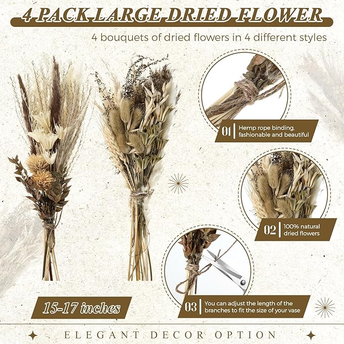 Layhit 4 Pack Large Size Boho Dried Flower Bouquet 15-17 Inch Wedding Handmade Dry Flowers for Vase Crafts DIY Photo Boutonniere for Men Floral Plant for Bridesmaid Gift Birthday Decor(Classic)