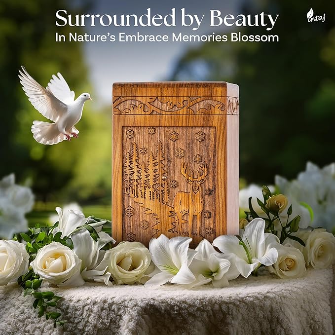 INTAJ Handcarved Rosewood Deer Urn for Human Ashes Adult Male Female - 115 lbs Capacity Forest Scene Wooden Cremation Urn Box Suitable for Burial Funeral Decorative Wildlife Memorial Casket