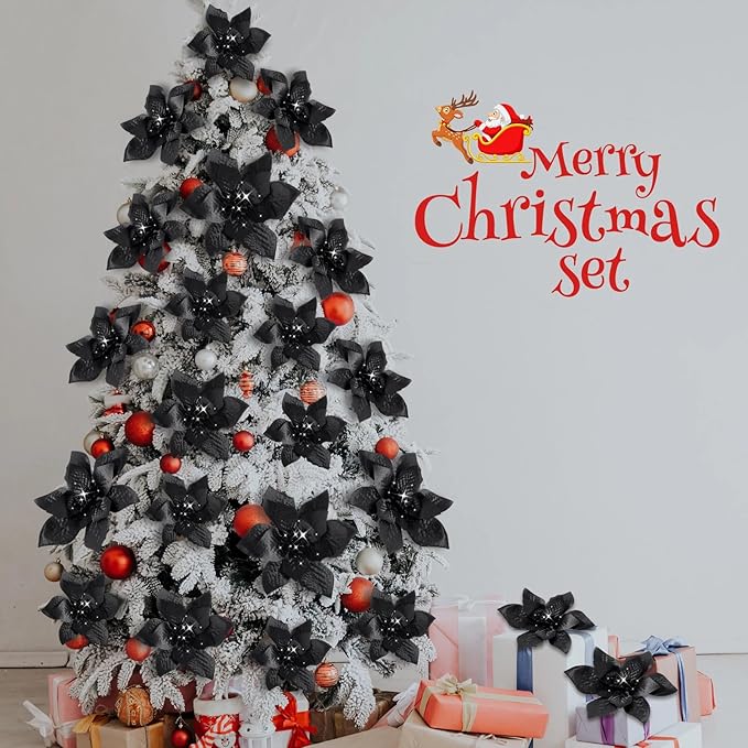 WILLBOND 24 Pcs 3 Size Poinsettia Flower Artificial Christmas Decor Glitter Poinsettia Christmas Ornaments Faux Flowers for Xmas Tree Outdoor(4/6/7.9 Inches,Black)