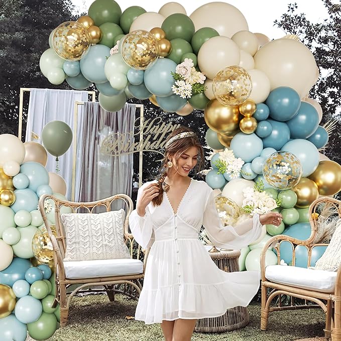 Dusty Avocado Green Balloon Arch Kit, 152Pcs Dusty Blue Retro Blue White Sand Macaron Green Gold Confetti Balloons for Baby Bridal Shower Wedding Engagement Birthday Party Decorations
