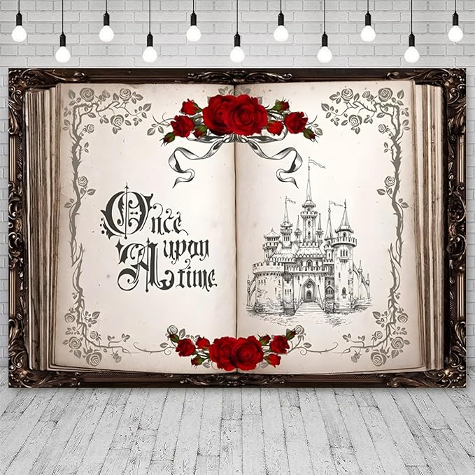 10x5ft Once Upon a Time Backdrop Princess Castle Wedding Party Photography Background Fairytale Book Romantic Story Red Roses Bridal Shower Decorations Birthday Portrait Photo Booth Prop