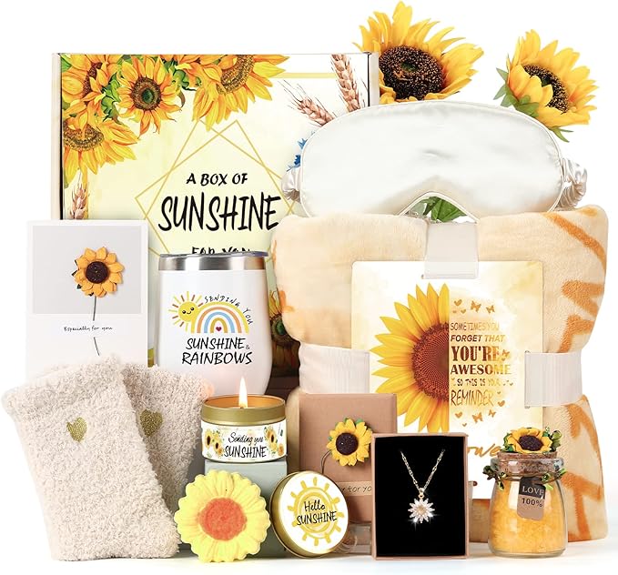 Sending Sunshine Christmas Gift for Women, Sunflower Christmas Gift Set for Mom, Care Package, Birthday Gifts Box,Thinking of You Gifts for Women, Friend, Sister, Mom with Inspirational Blanket