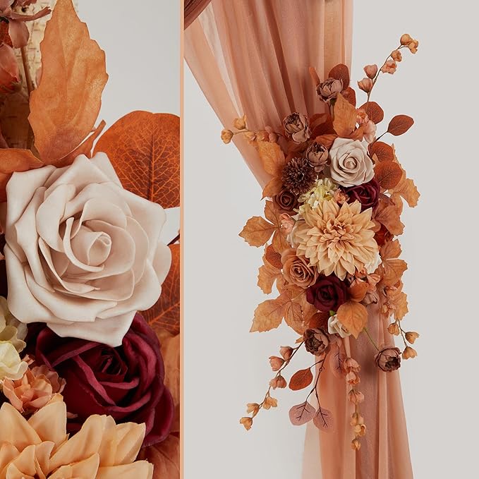 Ting's time Artificial Wedding Arch Flowers Kit(Pack of 4) 2pcs Large Artificial Flower Swags with 2pcs Draping Fabric for Wedding Party Ceremony Decoration(Burnt Orange)