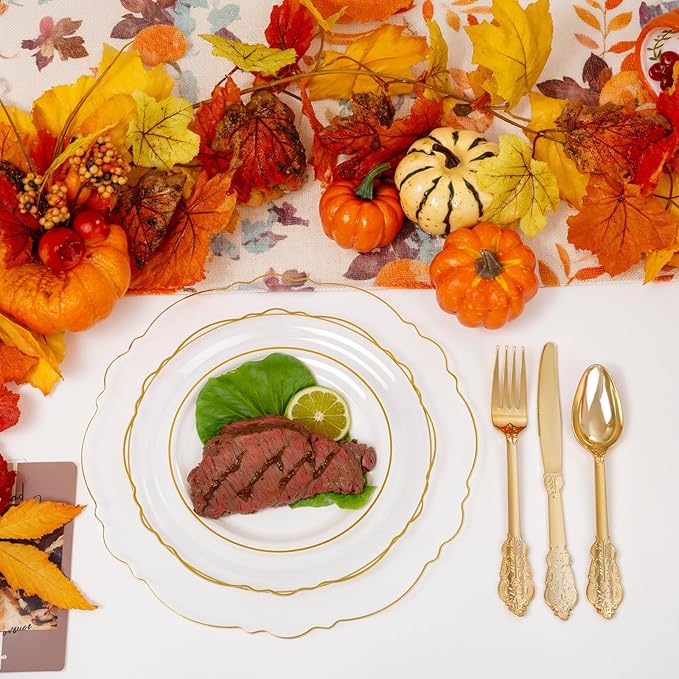 YOUBET 125PCS Thanksgiving Plastic Plates - Clear Gold Disposable Plates - 25 Guests Baroque Plastic Dinnerware Includes 25Dinner Plates, 25Dessert Plate, 75Silverware for Party & Wedding