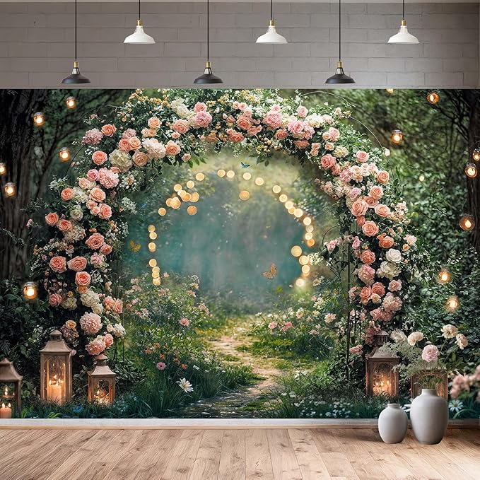 6x4ft Enchanted Forest Wedding Photography Backdrop Wonderland Roses Fairy Tale Backdrop Pink Flower Birthday Newborn Baby Shower Wedding Bridal Party Banner Photo Booth Props Anniversary Background