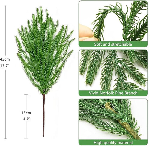 16 Pcs Christmas Norfolk Pine Stems Fake Cypress Stems Plastic Pine Greenery Real Touch Greenery Picks Artificial DIY Plastic Picks for Holiday Winter Table Xmas Decor（NO VASE）