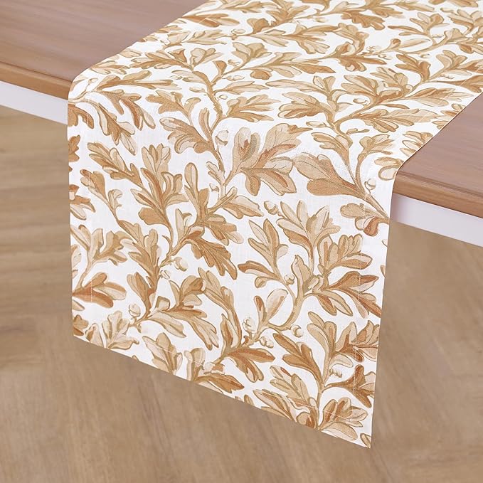 Solino Home 100% Pure Linen Fall Table Runner 120 Inches Long - Floral Print Table Runner 14 x 120 Inch for Autumn - Handcrafted and Machine Washable - Fallen Leaves Print
