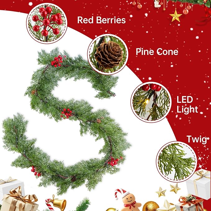 6FT Christmas Garland Faux Cypress Pine Cedar Garland with 20 LED Lights, Holiday Garland for Home, Wedding, Party Decorations