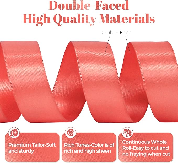 Coral Satin Ribbon, Double Faced 7/8 Inch X 25 Yards Coral Ribbon, for Gift Wrapping, Crafts, Hair Bow Making, Sewing, Flower Bouquet, Wedding Party Decor