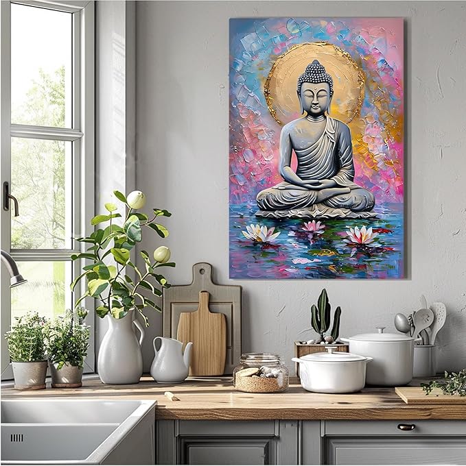 Lotus and golden Buddha meditation tranquil zen wall art mindfulness wall art for spiritual harmony and tranquility decor 16x24in Wood Framed