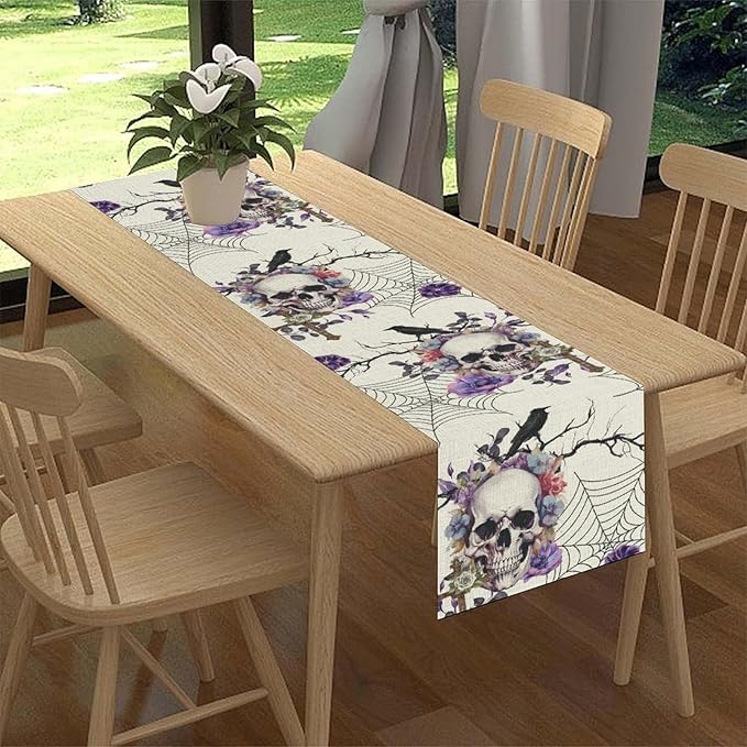 Gothic Floral Table Runner, Retro Dark Skull Spider Web Crow Flower Halloween Witchy Coffee Table Center Decor for Home Kitchen Dining Patio Holiday Party Table Decorations 13x108 inches