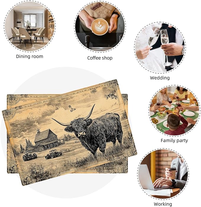 Farmhouse Highland Cow Placemats Set of 6, Country Barn Place Mats, Rustic Black and White Dining Table Mats, Washable Placemats for Kitchen Dining Room Home Decor 18L'' × 12W''