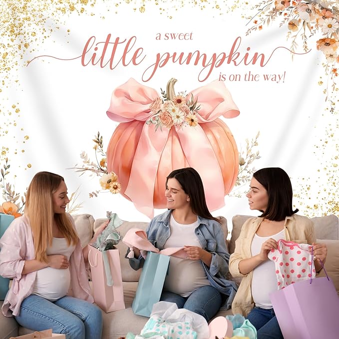 Sweet Little Pumpkin Baby Shower Backdrop for Girls Floral Pink Bowknot Golden Glitter Fall Photography Background Newborn Baby Shower Party Decoration Supplies Banner Photo Booth Props 7x5ft