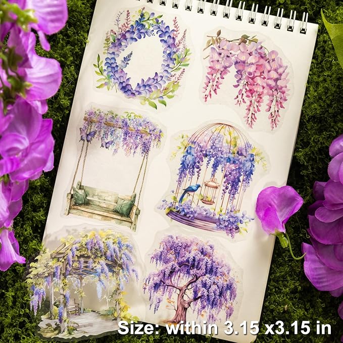 Wisteria Floral PET Sticker Set, 60Pcs Purple Flower Stickers for Scrapbooking, Journaling, Junk Journal Supplies, and DIY Crafts