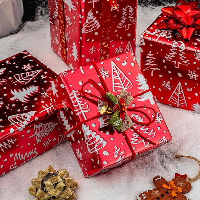 MAYPLUSS Christmas Red Wrapping Paper Roll - 17 Inch X 33 Feet - Luxury Metallic Shiny Red Christmas Tree and Snow Foil Roll Winter Holiday Gift Wrap Sheet for Party, DIY Crafts & Festive Decoration