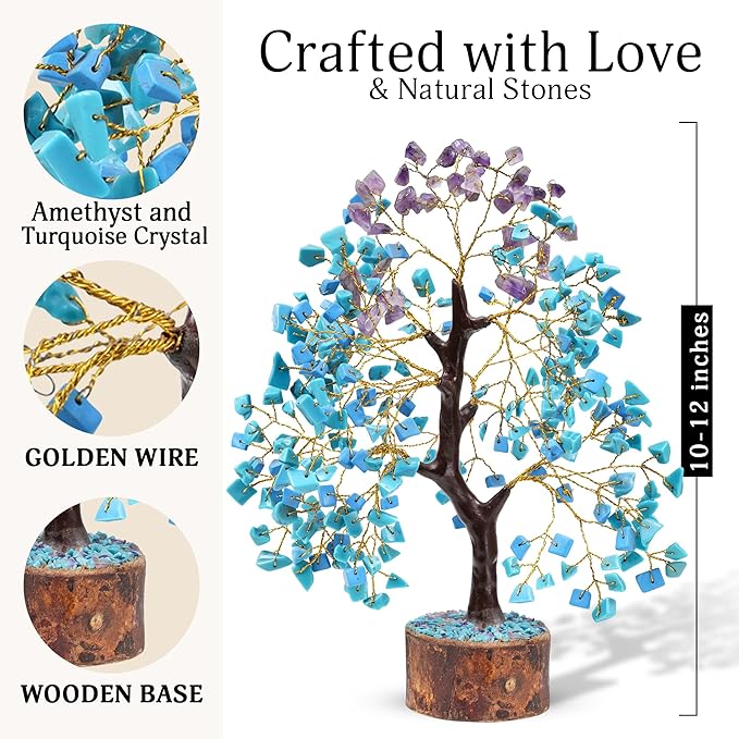 FASHIONZAADI Amethyst and Turquoise Crystal Tree of Life - Crystal Decor - Spiritual Gifts - Crystals Gifts for Women - Gemstones and Crystals